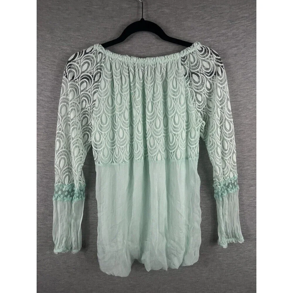 Lola Women's Blouse Green Silk Lace Long Sleeve Top Sz S / M Made in Italy - Picture 2 of 13